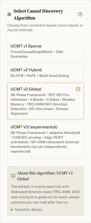 The algorithm list grouped as Constraint-Based, Score-Based, Optimization, Non-Gaussian and UCMT, with UCMT v2 Global selected