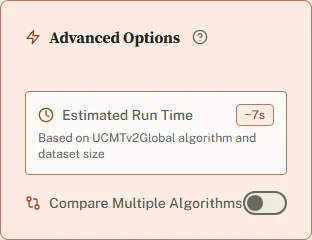 The Advanced Options card: estimated run time and the Compare Multiple Algorithms switch