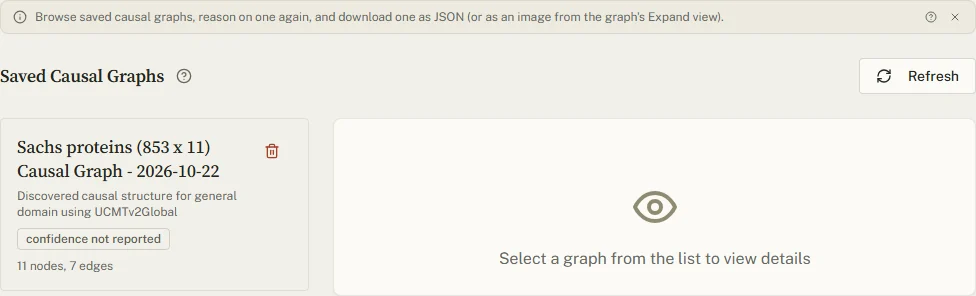 The Graphs tab: one saved graph card with its confidence and size, and the detail area asking to select a graph