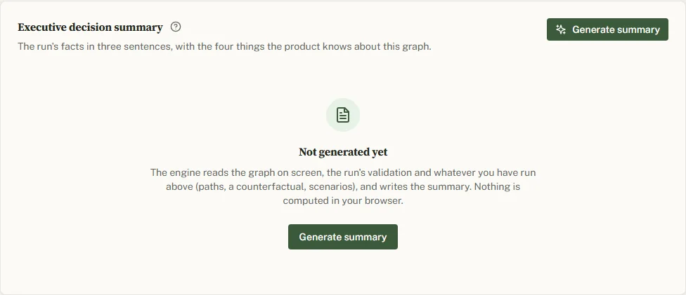The Executive decision summary card before generation: the title, one line on what the engine reads, and the Generate summary button