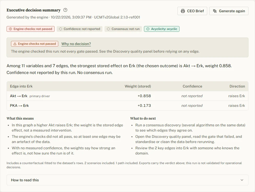 The generated summary: four chips, the verdict Engine checks not passed with Why no decision?, the paragraph, the key edges table and the two lists