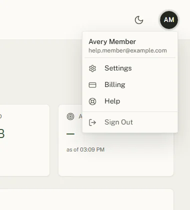 The account menu open: name and e-mail address, then Settings, Billing, Help and Sign Out