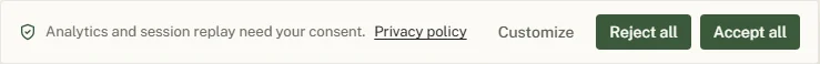 The privacy banner: "Your privacy choices" with Privacy policy, Customize, Reject all and Accept all