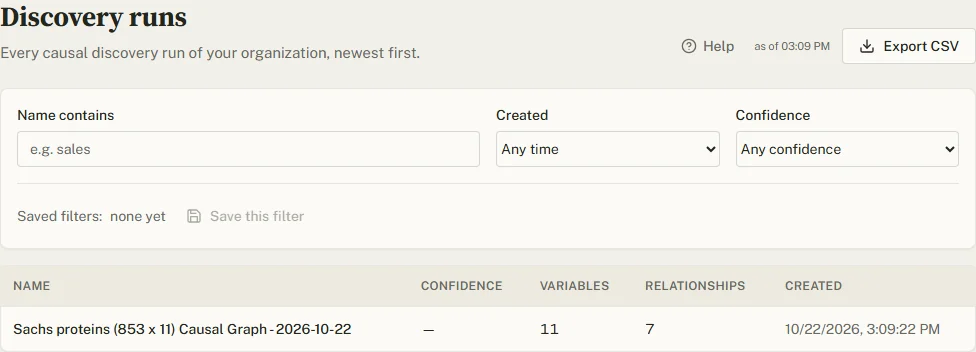 The Discovery runs page: name, created and confidence filters, saved filters, and the table of runs