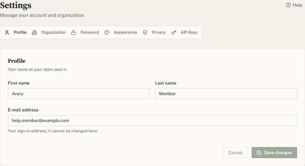 The Profile tab: first name, last name, the read-only e-mail address, and Cancel and Save changes buttons