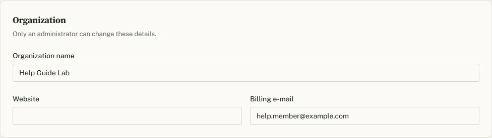 The Organization tab with the organization name, website and billing e-mail