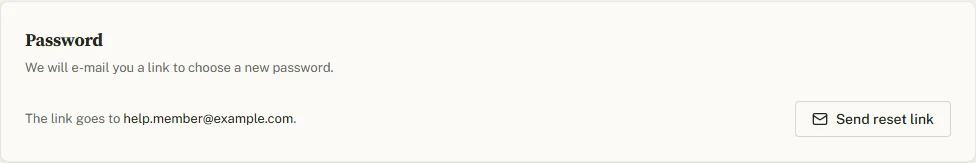 The Password tab: a line naming the address the link goes to and a Send reset link button