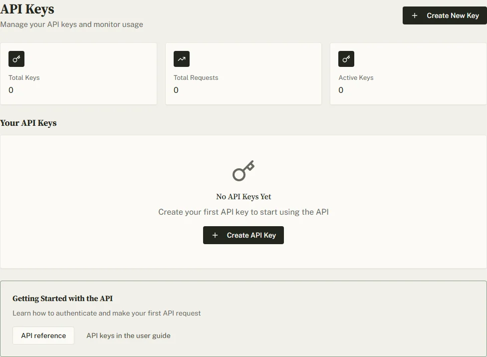 The API Keys tab: totals for keys and requests, the Create New Key button and the list of keys