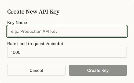 The Create New Key dialog with Key Name and Rate Limit fields